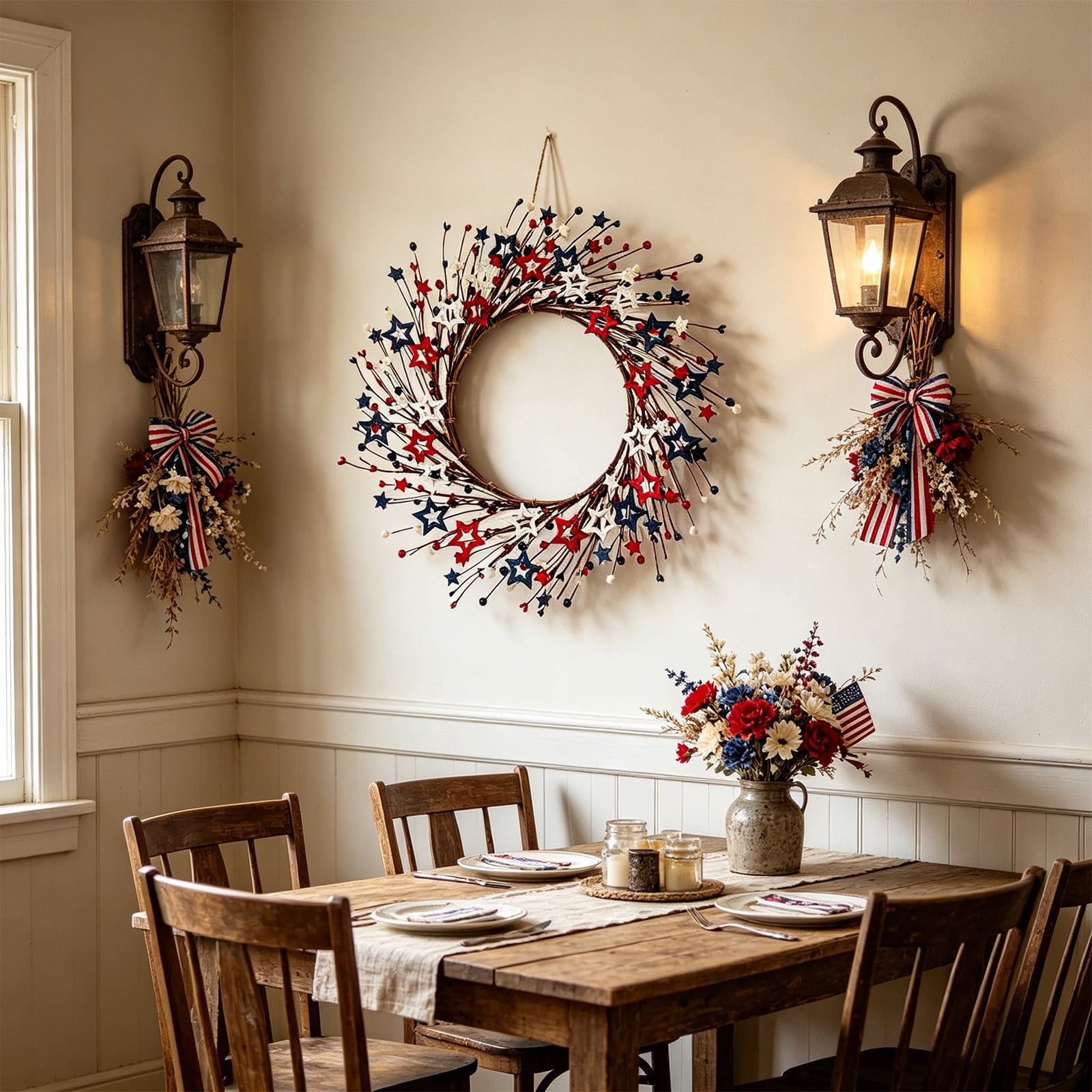 Five Pointed Star Wreath with Artificial Berries, Fabric Berry Wreath for Front Door Wall Mantel, Farmhouse Star Shaped Wreath for Seasonal Home Displays
