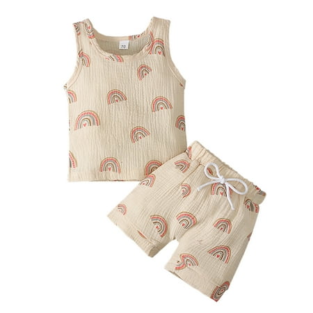 

Bagilaanoe 2pcs Baby Girl Boy Short PantsSet Sleeveless Rainbow Print Tank Tops Shorts 3M 6M 12M 18M 24M 3T Summer Outfit