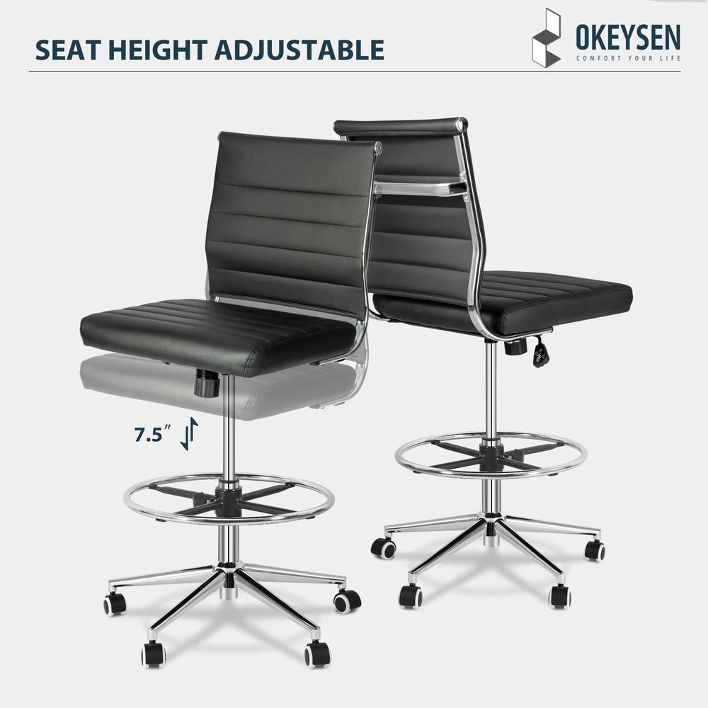 Okeysen Tall Drafting Desk Chair, Urban Adult Leather Armless Office Chair, Adjustable Foot Ring, Black (Set of 1)
