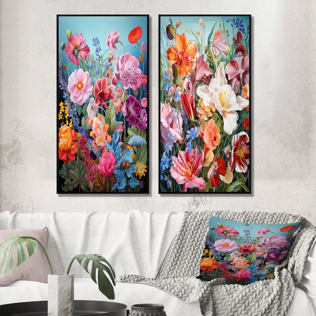 Designart "Mountain Spring Celebration of Wildflowers III" Wildflowers Framed Wall Art Set Of 2 - Traditional Pink Gallery Wall Frame Set For Home Decor
