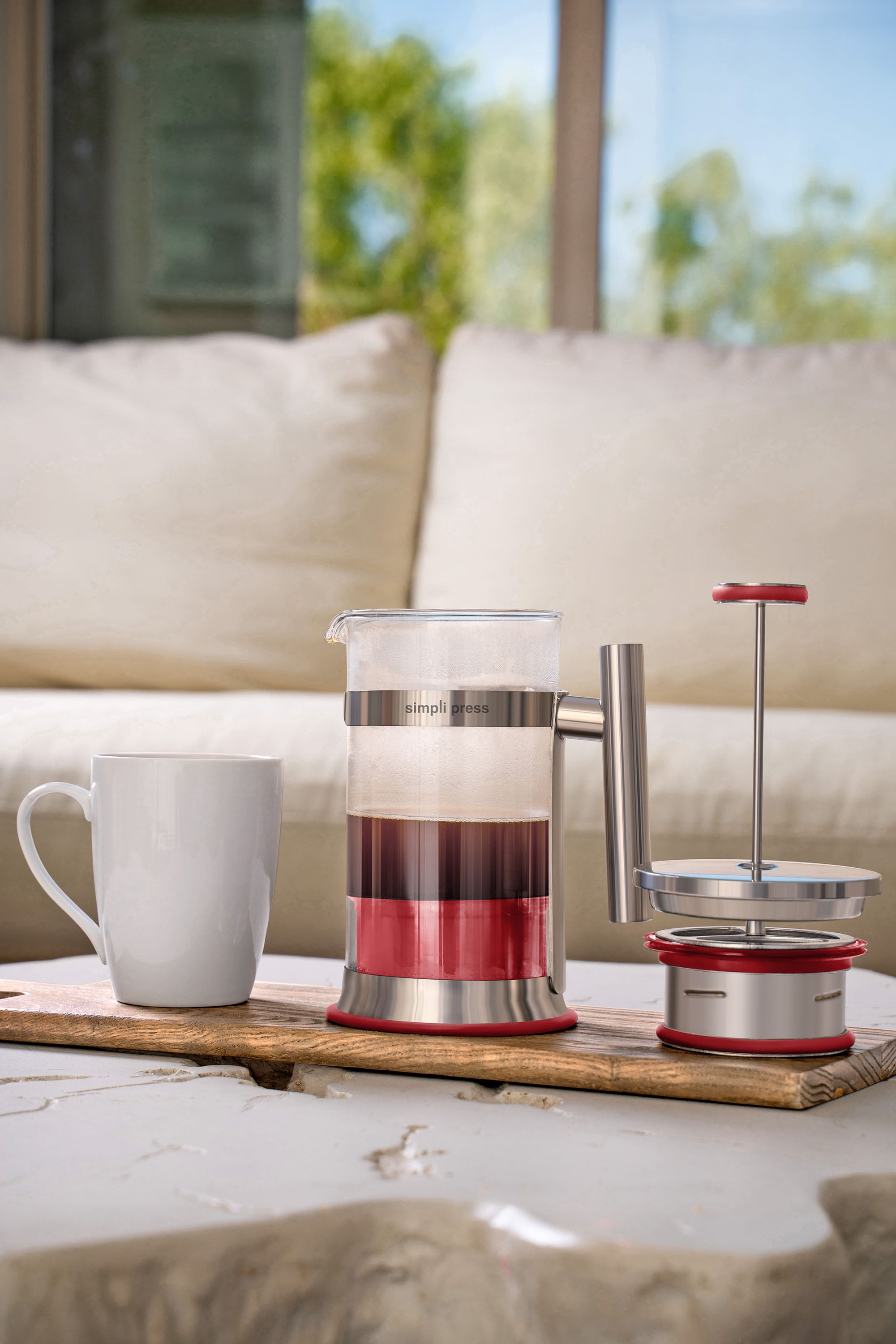 Simpli Press 34-Ounce Stainless Steel and Glass French Press Coffee Maker, Red