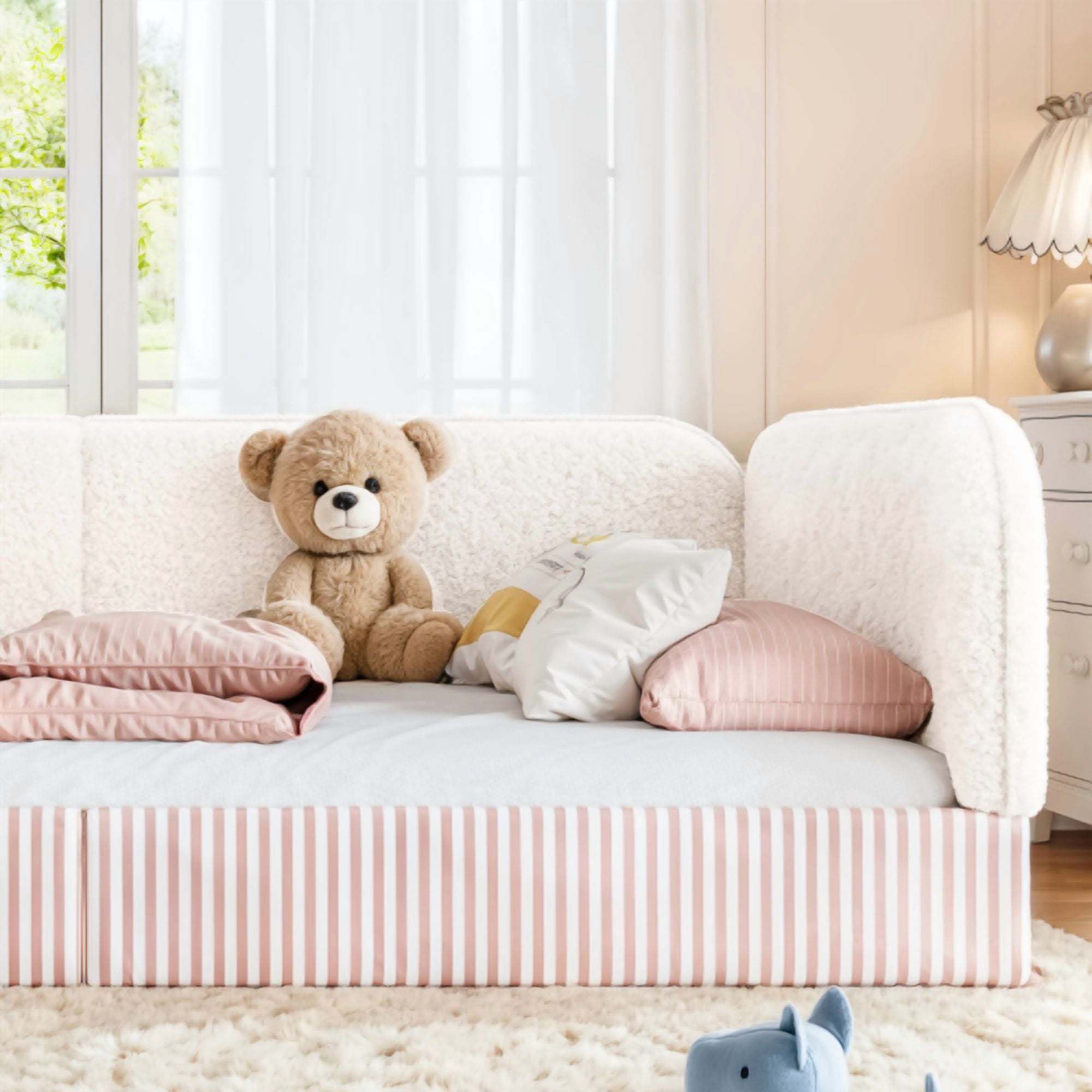 Full Size Upholstered Teddy Fleece Floor Bed Frame, Half-Enclosed Montessori Low Profile Platform Bed with Full-Perimeter Guardrails for Kids, Beige