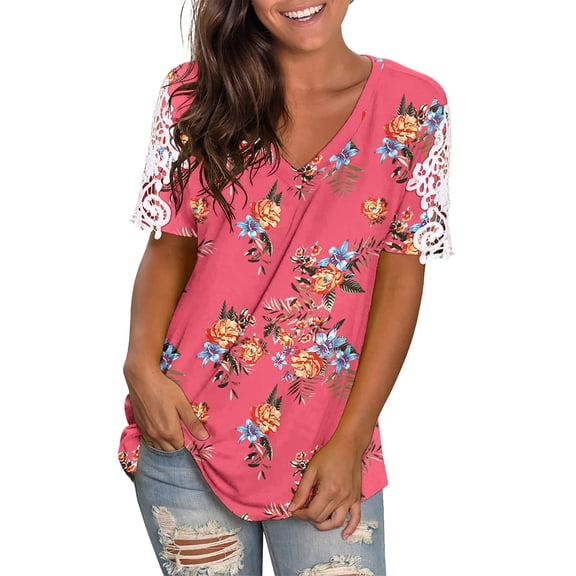 DHFJKG Women Floral T Shirt Summer Short Sleeve Fashion Printing V Neck Loose Fit Shirts Hawaii Beach Vacation Clothes Soft Tops