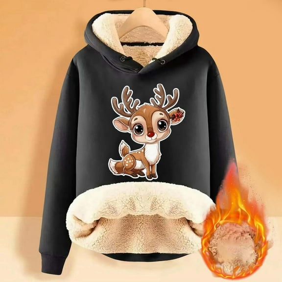 MAIHAN-Women's Sweatshirts Fashionable Women's Hooded Sweatshirt Thickened Velvet Cardigan with Deer Print for Autumn and Winter Warm and Stylish Christmas Apparel(A-Black,L)