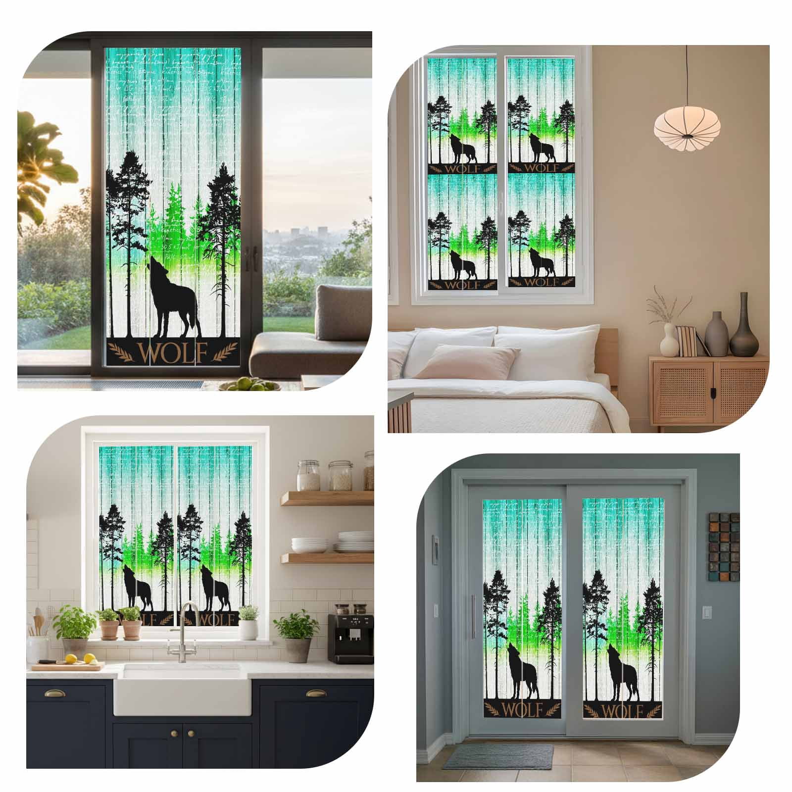 Forest Wolf Window Privacy Film, Pine Needles Green Gradient Wood Grain Frosted Glass Window Clings Static Cling UV Heat Blocking Reusable Door Sticker for Bathroom 23.6 x 59 Inch