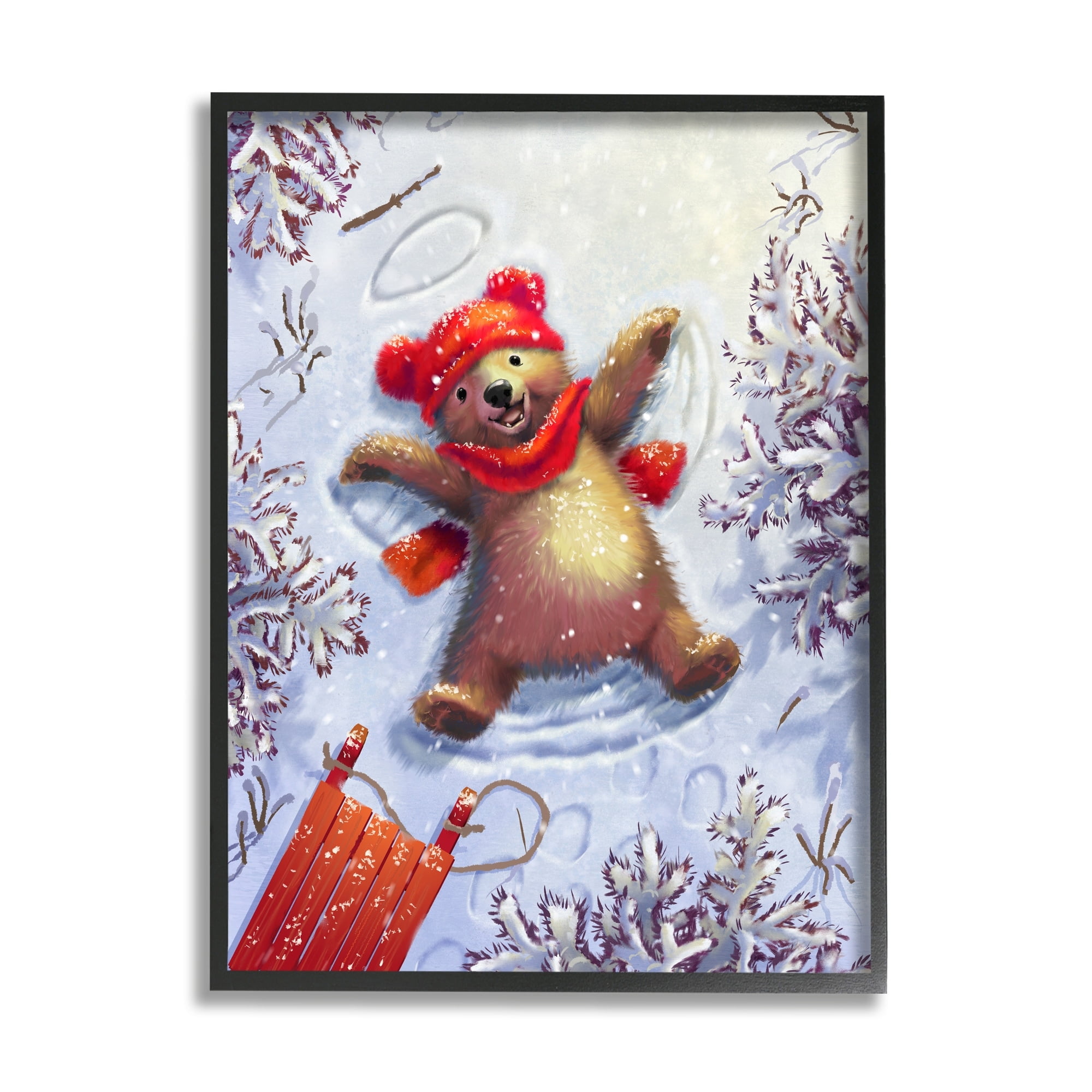 Stupell Industries Bear Cub Snow Angel Sled Holiday Painting Gray Framed Art Print Wall Art