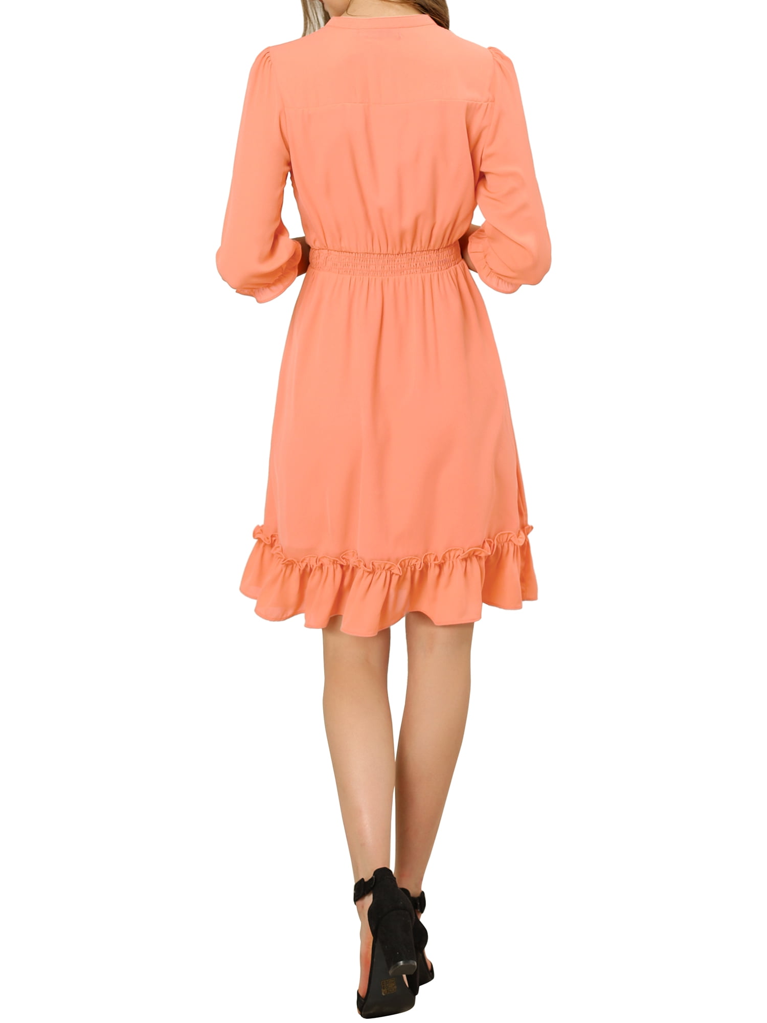 DARING DIVA Tie V Neck Chiffon 3/4 Sleeve Smocked Mini A-Line Dress XS Salmon