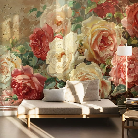 Huge Oil Painting Pink&White Floral Wall Mural 133W*98"H Self-Adhesive Wallpaper