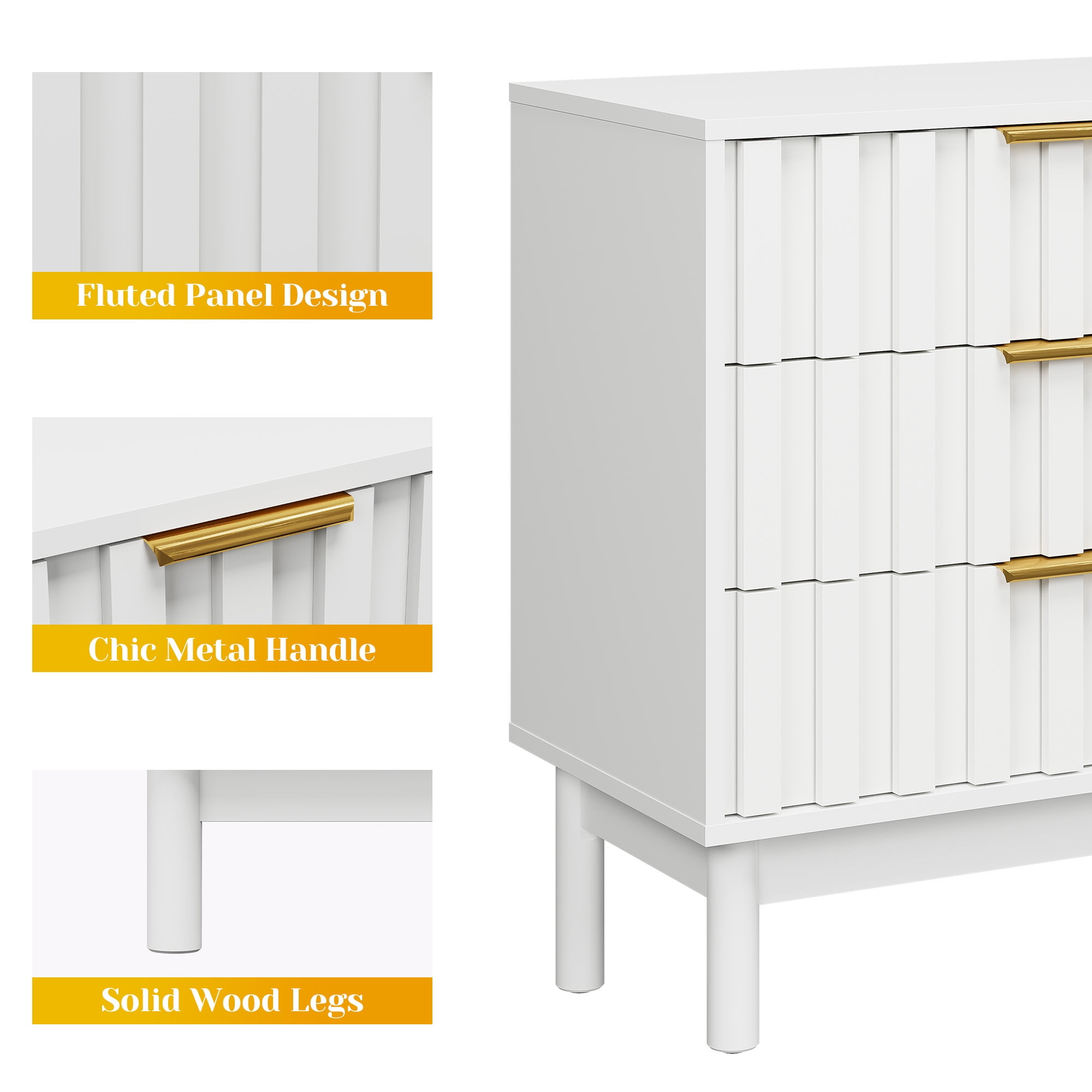 3 Drawer Dresser with Fluted Panel Design, Modern Wood Chest of Drawers with Chic Edge Pull, Large Nightstand Side Table, Wood Storage Organizer for Bedroom, Living Room, Entryway
