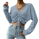 thumbnail image 1 of Jersey de mujer Prendas de punto recortadas acanaladas Top corto de punto fruncido con cordón Cuello en V sólido (azul), 1 of 5