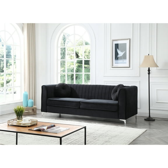 Southwestern Sofa - Velvet Channel Tufted Living Room Couch - Modern Black Sofa with Pillows
