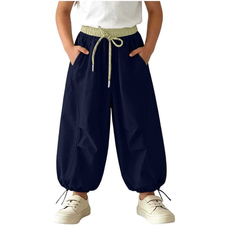 Girls Balloon Barrel Beach Pants Boho Harem Casual Pants with Pockets Contrast Waist Drawstring Jogger Pants Loose Trousers With Side Pockets 1-8Y