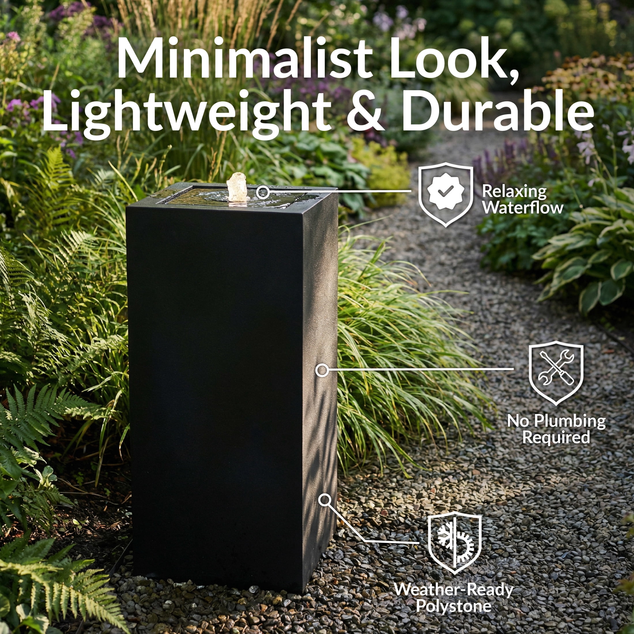 Sunnydaze Rectangular Black Outdoor Bubble Fountain, LED Light