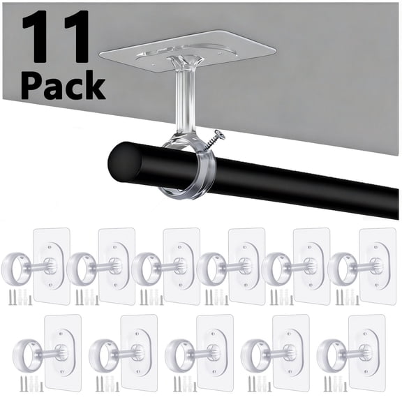 Armscye 11-Pack No-Drill Curtain Rod Brackets, Self-Adhesive Curtain Rod Holder Hooks for Ceiling & Wall, Clear Nail-Free Curtain Rod Hangers for Apartment, Bedroom, and Living Room