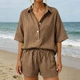 thumbnail image 3 of Pounoo Women's Two Piece Set Henley Neck Short Sleeve Shirt and Drawstring Shorts Casual Loose Fit Outfit for Summer and Daily Wear Gift, 3 of 9