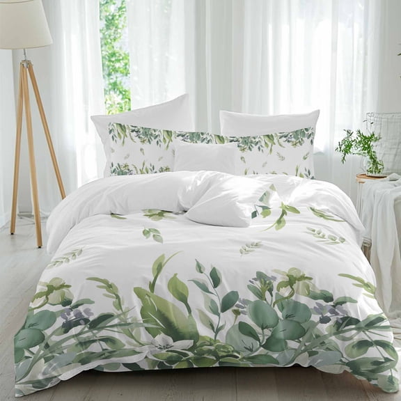Green Leaf Queen Size Comforter Set, Summer Watercolor Country Green Eucalyptus Leaves Plant Bedding for All Seasons, 4 Pcs Bed Set, 1Quiltcover (90"x92") ,1Sheet(94"x116"), 2Pillowcases (30"x20")