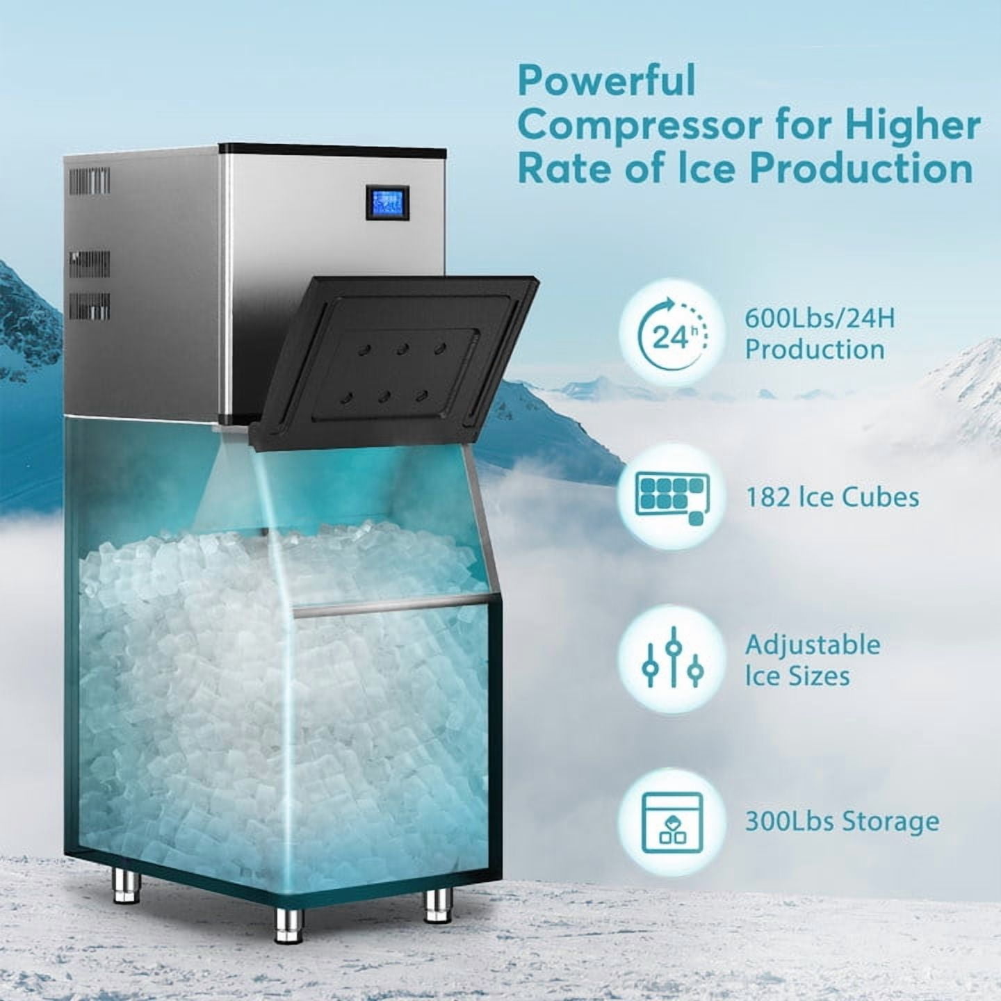 TITTLA 600Lbs/24H Commercial Ice Maker Machine,300 Lbs Storage,182 Ice Cubes in 12-15 Mins,Stainless Steel Industrial Ice Maker for Restaurant Bar Cafe Commercial Use
