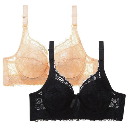 WREESH 2 Pack Lace Bralettes for Women Soft Padded Push Up Bra Wireless Plunge Bra Adjustable Strap No Underwire Bras Comfortable Everyday Bras Beige