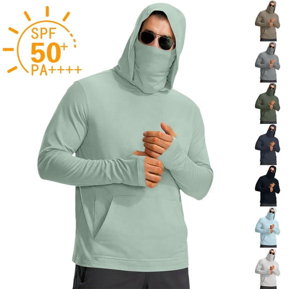 Men's Sun Protection Hoodie Shirt with Face Cover Upf 50 UV Rash Guard Sun Shirts Fishing Lightweight Long Sleeve Cooling Shirts,Light Blue 2XL