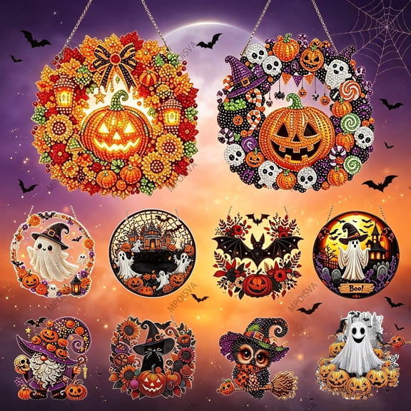 Halloween Diamond Art Hanging Kit, DIY Handmade Wreath Ornament, Diamond Art Door Wall Window Hanging Decor by MPOISVA