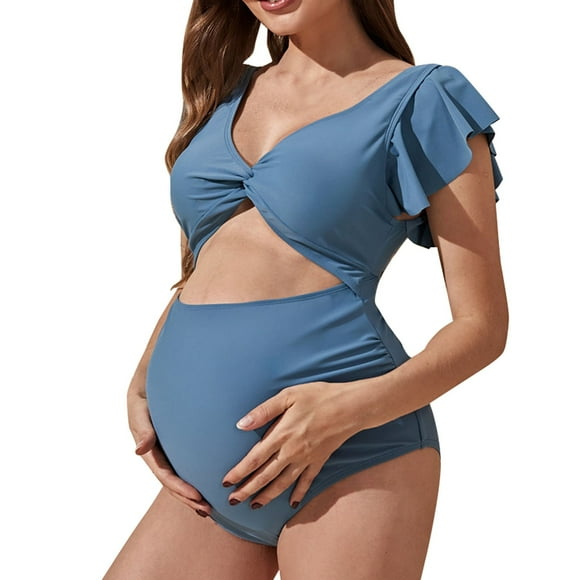 Gyexs Maternity Two Piece Swimsuit Ruffle Elegant Summer High Waisted Solid Pregnancy Bathing Suit Plus Size Swimwear Blue, Size M