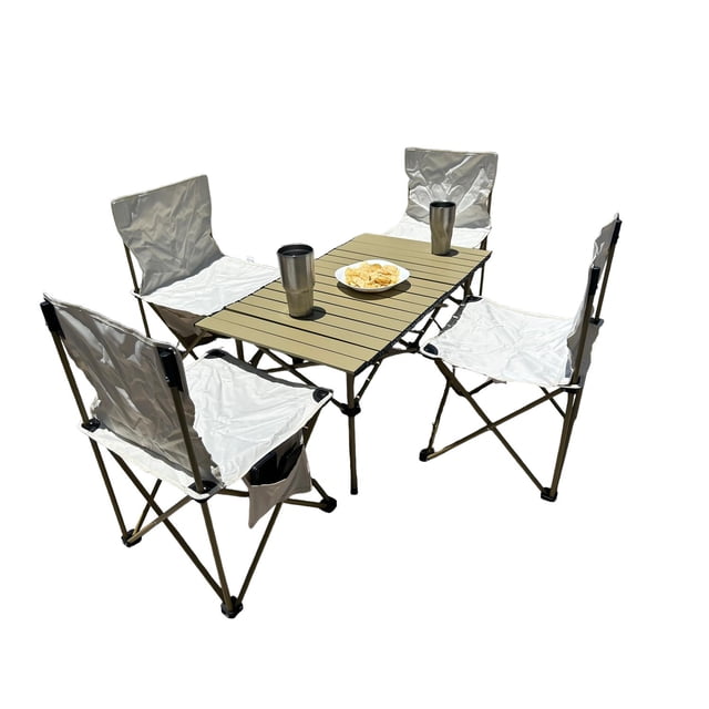 Conjunto de 4 Sillas Plegables de Camping y Playa CJR con Mesa Blanco