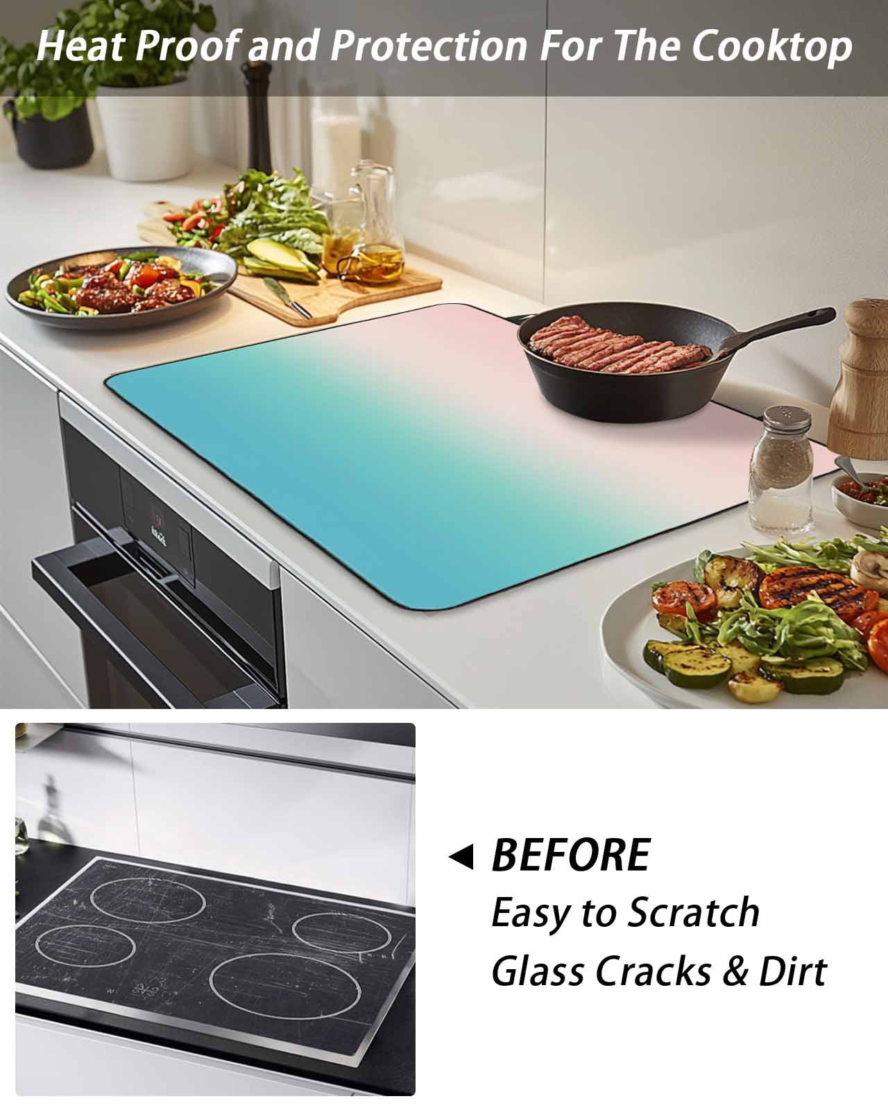 Stove Top Covers for Electric Stove, Pink Teal Ombre Glass Stovetop Cover Protector, Modern Abstract Art Gradient Aesthetics Induction Cooktop Protector Oven Mat for Kitchen Countertop 24"x21"