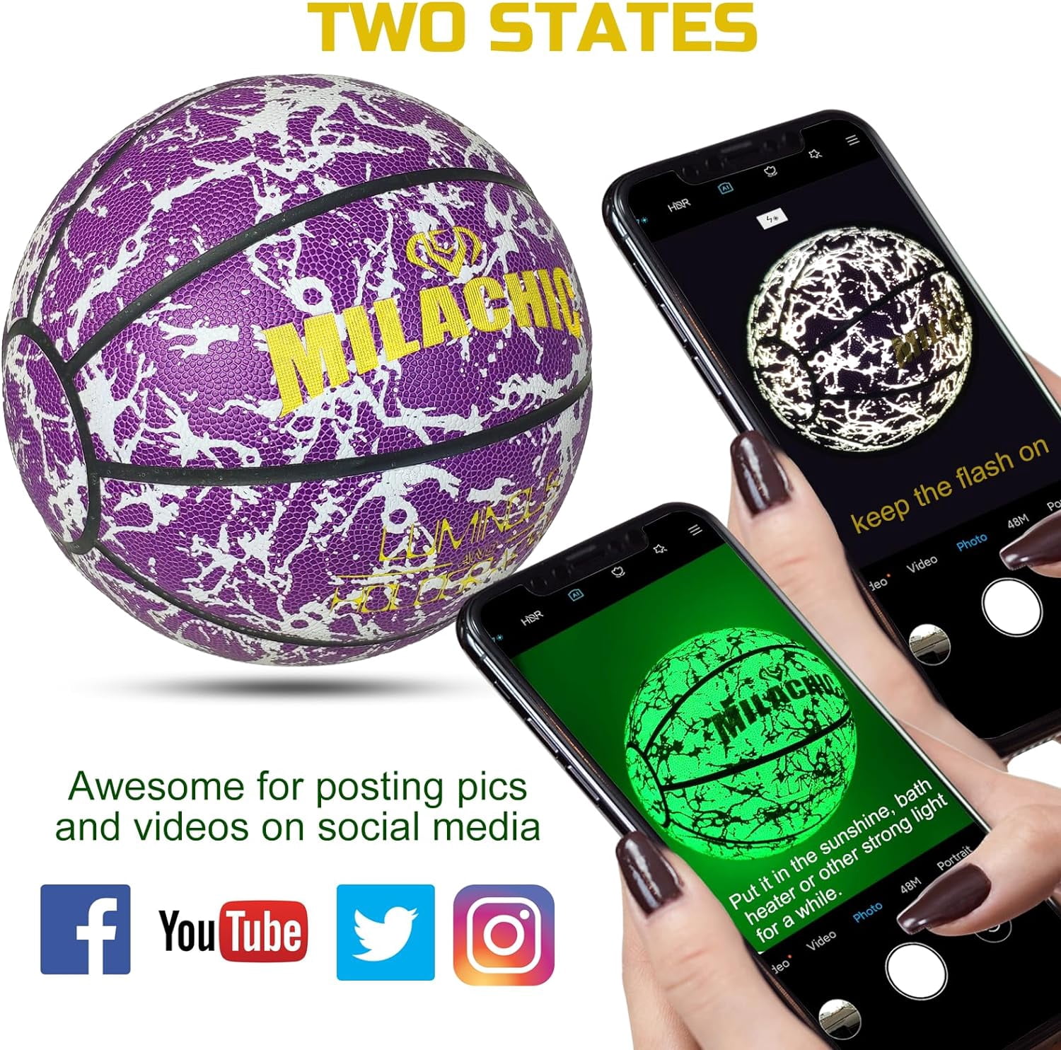 Basketball, Glow in The Dark Holographic Basketball, Official Size 7 Indoor Outdoor Luminous Glowing Leather Basketball 29.5" - with Pump