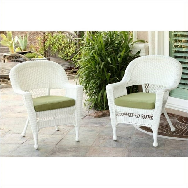Pemberly Row Chaise de Patio en Osier avec Coussin Blanc et Vert (Ensemble de 2)