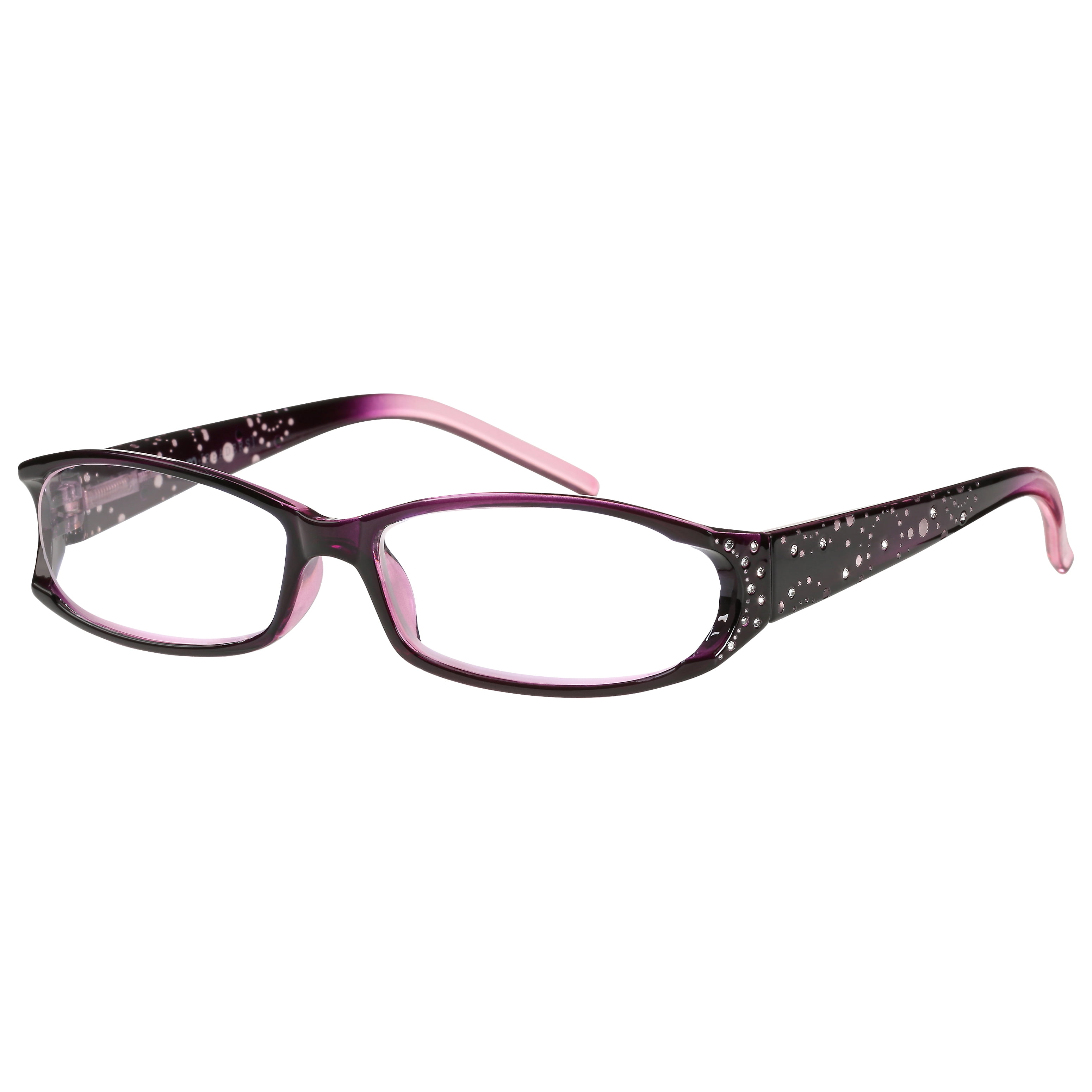 M+ Womens Rectangular Plastic Reading Glasses 2.50 Amber in Purple with Rhinestones