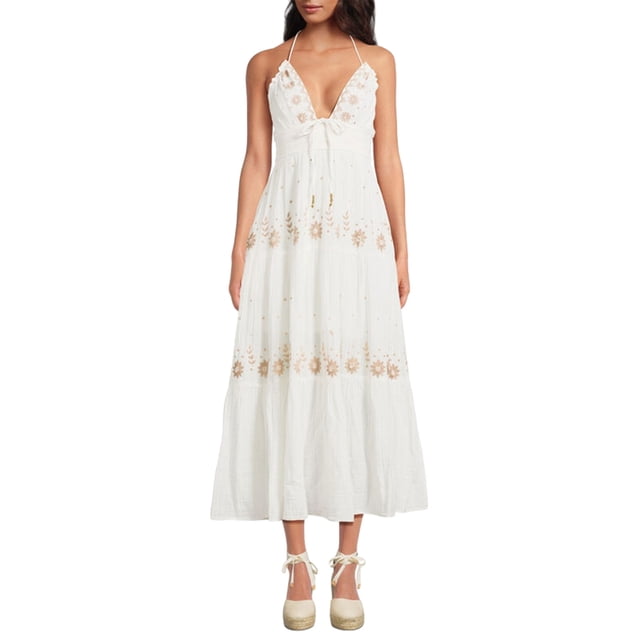 xiaxaixu Robe Longue Décontractée d'Été pour Femme, Broderie de Fleurs, à Nouer, Col Licou, Sans Manches, Robe Mode Dos Nu, Robe Trapèze
