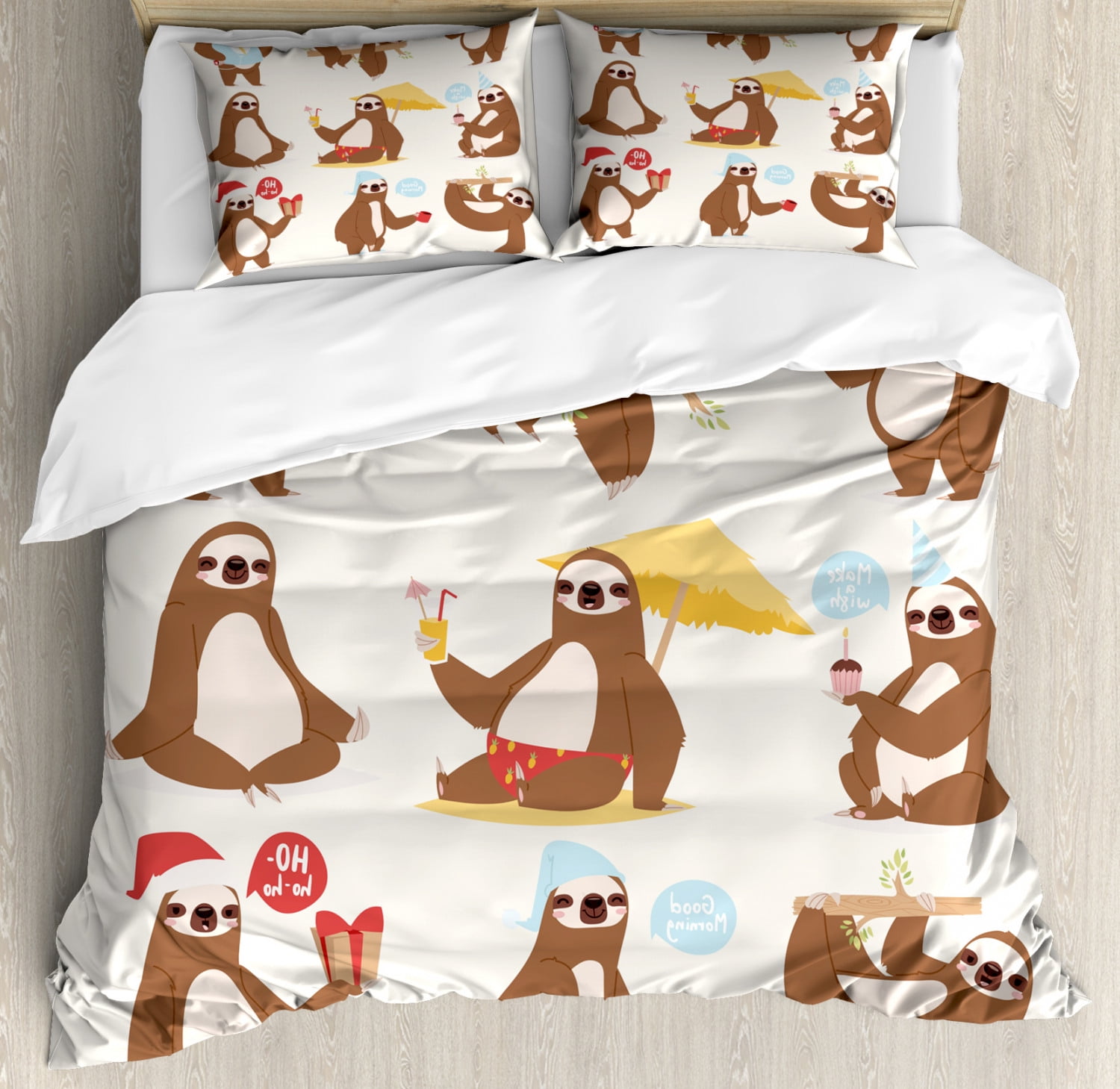Sloth Duvet Cover Set, Cute Funny Sluggard Animal Character Different