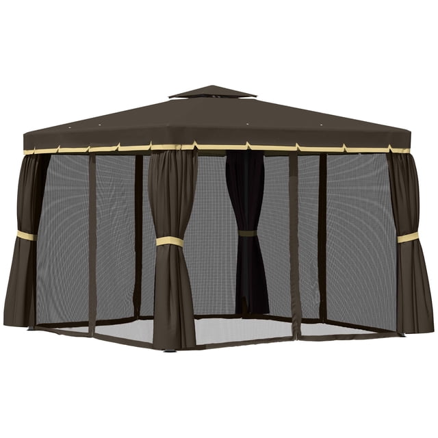 10' x 10' Coffee Outdoor Gazebo Canopy Tent with Mesh - Patio, Backyard Shade & Rain Protection - Aluminum Frame & 2-Tier Roof