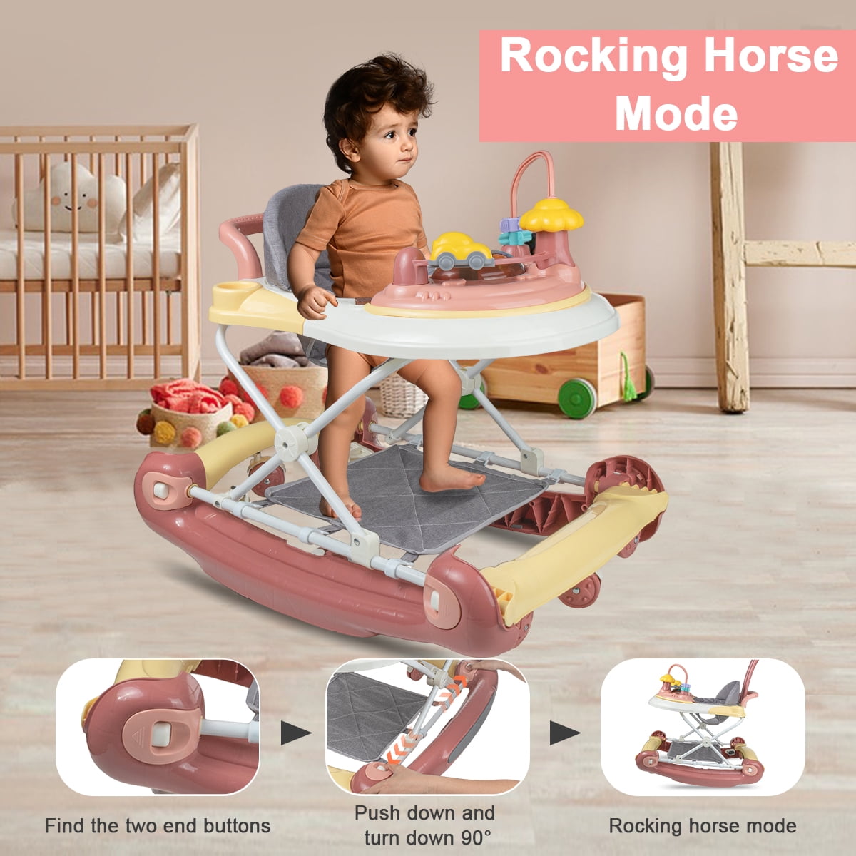 FACNOATIHN 5-in-1 Baby Walker, Musical Activity Push Walker with Detachable Awning Footrest, Adjustable Height, Pink