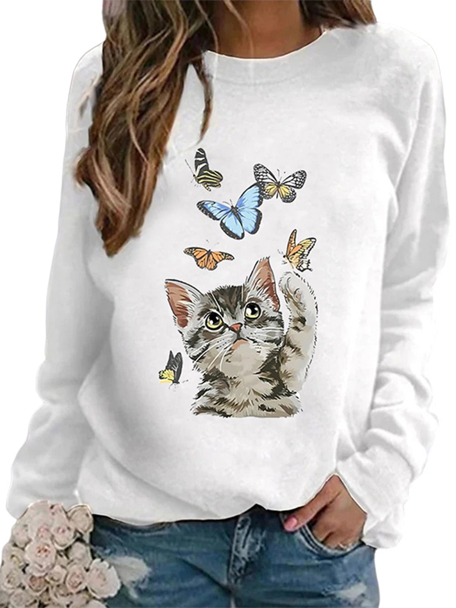 Women Casual Cat Print Long Sleeve O-Neck Sweatshirt Pullover Tops Blouse