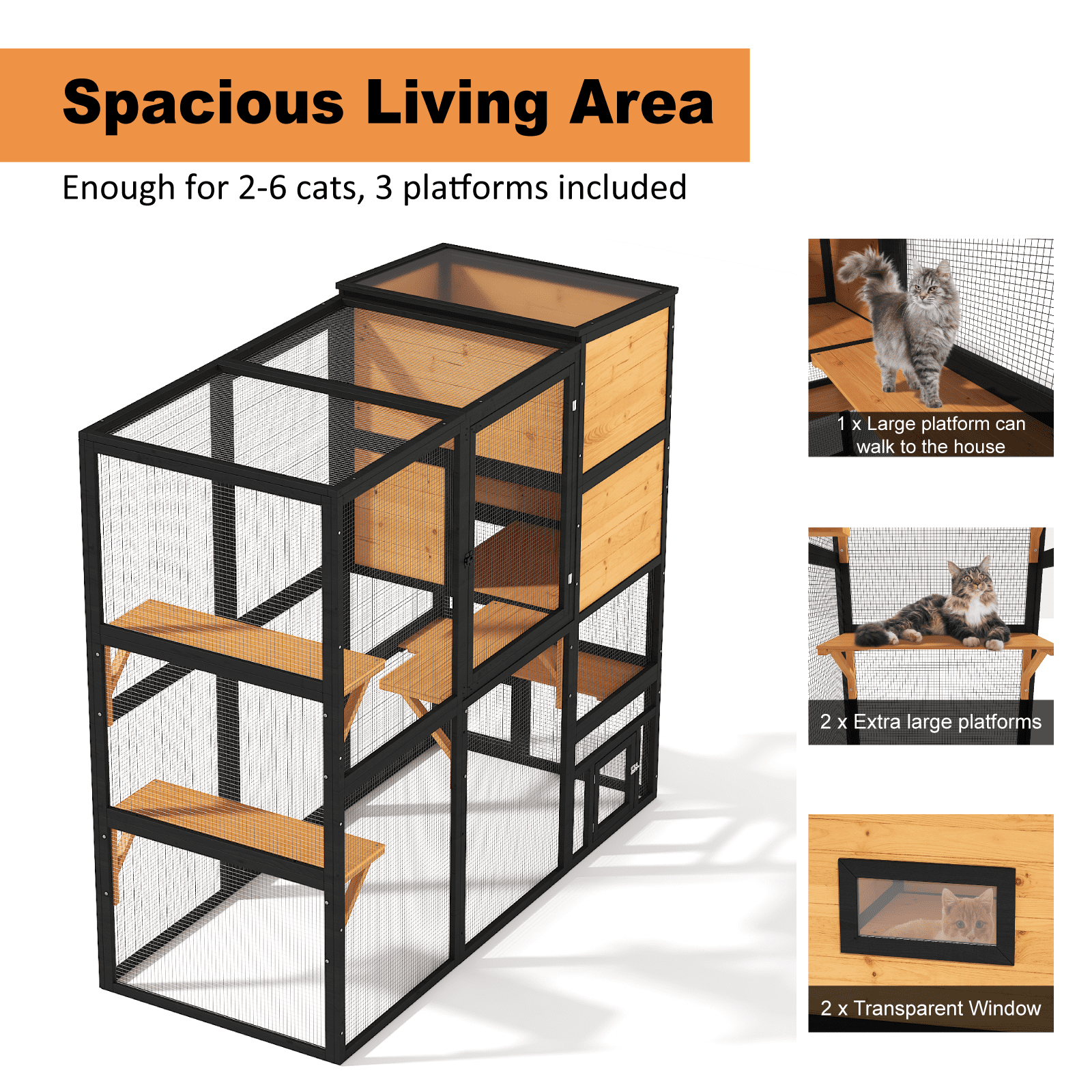 TIMHAKA Catio Outdoor Cat Enclosure Large Wooden Cat House for Mulitiple Cats w/ Resting Box, Platform, Waterproof Roof & Large Door, Black & Yellow