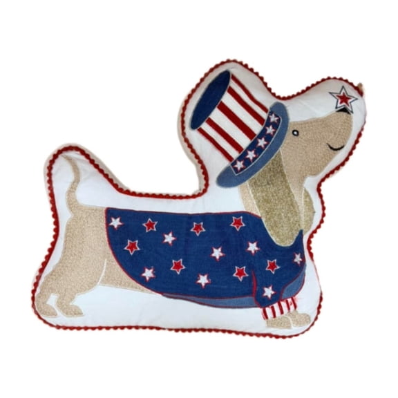 Patriotic Dachshund Dog Cotton Throw Pillow, Red White Blue Animal Themed with Outfit Star Stripes Decorative Pillow for Home Sofa Bed Decor