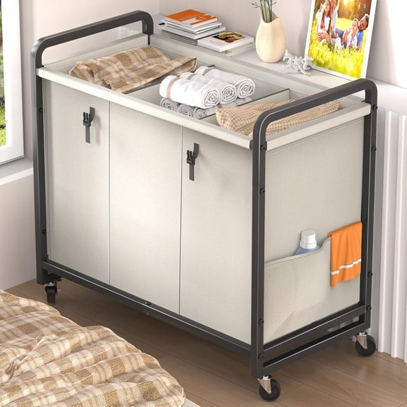 60 Gal (230L) Laundry Sorter 3 Section with Lid, Laundry Hamper Cart with Heavy Duty Rolling Lockable Wheels and Metal Handle,Laundry Basket Organizer with Removable Bag for Laundry Room - White