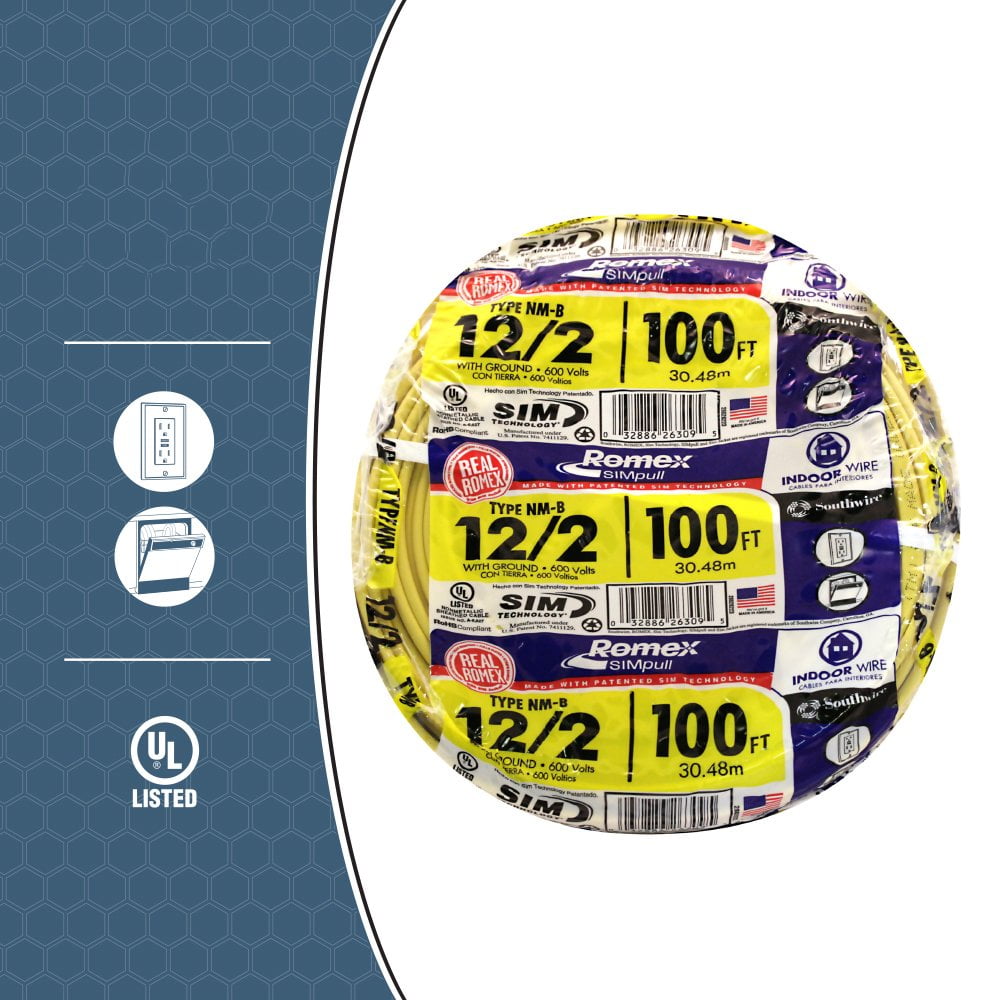Southwire 28828222 12/2 50' with Ground Romex Brand SIMpull Residential  Indoor Electrical Wire Type NM-B Yellow