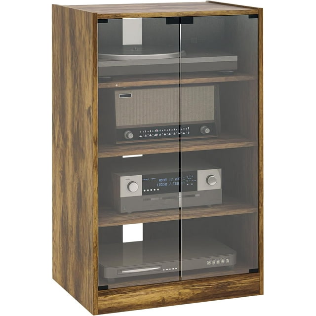 HOMCOM Gabinete de medios estéreo de 4 niveles para reproductor de discos de vinilo, consola de juegos, soporte de reproductor de discos AV con estantes ajustables, puertas de vidrio de empuje para