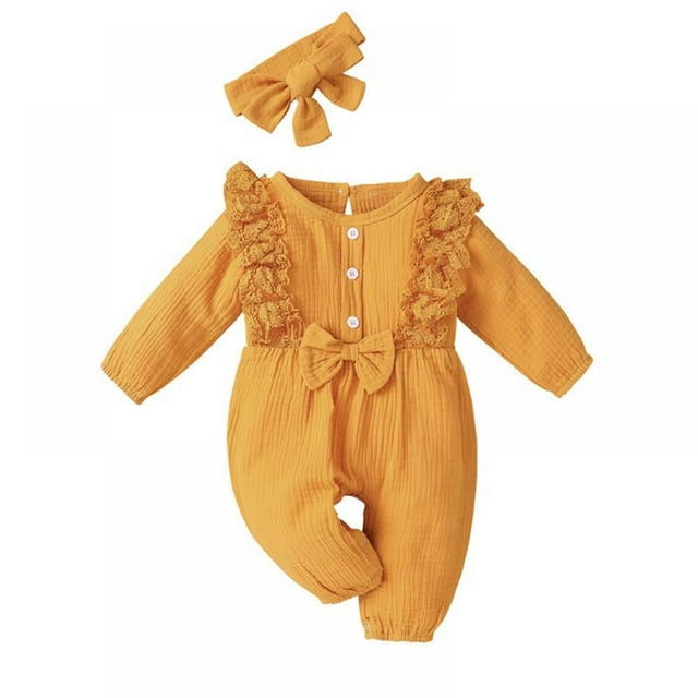 Bébé Fille Noeud Volant Manches Longues une Pièce Coton Body Body Headband Tenues