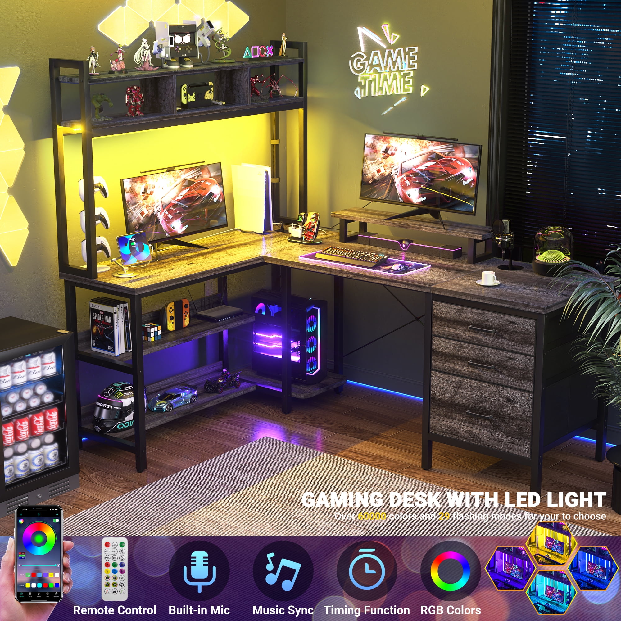 iSunirm L Shaped Gaming Desk with Storage, Computer Gaming Desk with LED Lights & Hutch, Reversible Computer Desk with Power Outlet, Corner Desk with Drawers, Shelves for Home, Black Oak