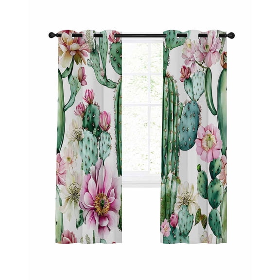 Pink Succulent Blackout Curtains, Light Blocking Print Window Curtains, Green Cactus Pastoral Watercolor Thermal Insulated Window Drapes for Living Room Kitchen Cafe 2 Panels, 104"W x 72"L