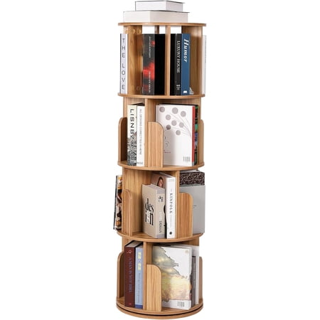 Wooden Rotating Bookshelf 4 Tier 360° Floor-Standing Bookcase and Multi-Functional Storage Organizer for Living Room Kids Beigeand Adults,Beige