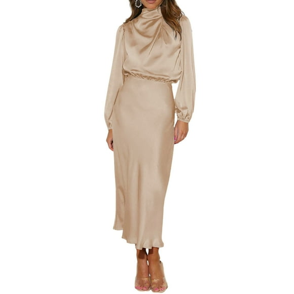Vestido Lohuatrd para mujer, cuello medio alto, satén, manga larga, color liso, mangas abullonadas, cintura ajustada, vestido de noche, boda, cóctel, fiesta, midi.