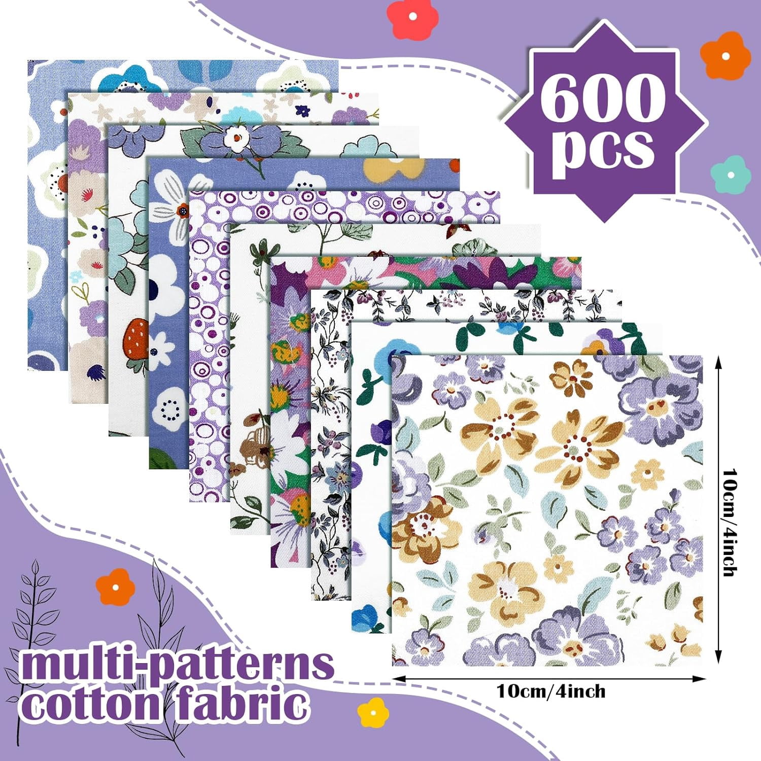 600 Pcs 4 x 4 Inch Cotton Fabric Square Precut Quilting Squares Printed Floral Patchwork Fabric Bundles for Spring DIY Craft Sewing Clothing Accessory(Purple)