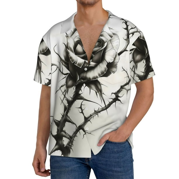 Fotbe Black And White Rose Camisa Estampada de Manga Corta para Hombre, Casual de Verano, Estilo Playero, Sin Arrugas-X-Large