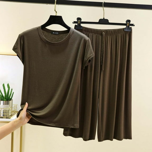PNTUTB Summer Women's Solid Color Casual Loose Crew Neck Short Sleeve T Shirt with Tie Waist Wide Leg Pants Set