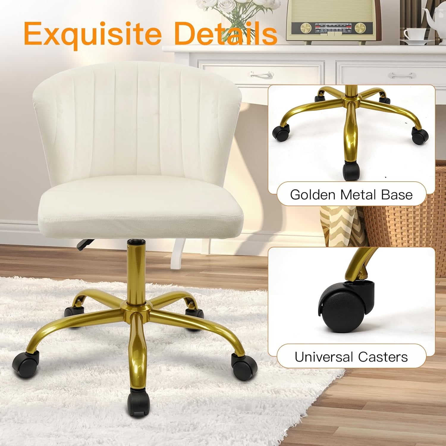 CLATINA Home Office Desk Chair Velvet Vanity Chairs Gold Base, Ergonomic Small Cute Chair Adjustable Height with Wheels Rolling Armless Chair Swivel Task Chair for Study Living Room Bedroom, White