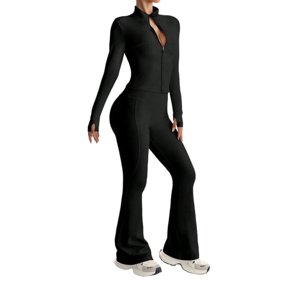 Yoga Outfit for Women High Waist Flare Leg Long Sleeve and Pants Workout Set for Fitness Turtleneck Black L